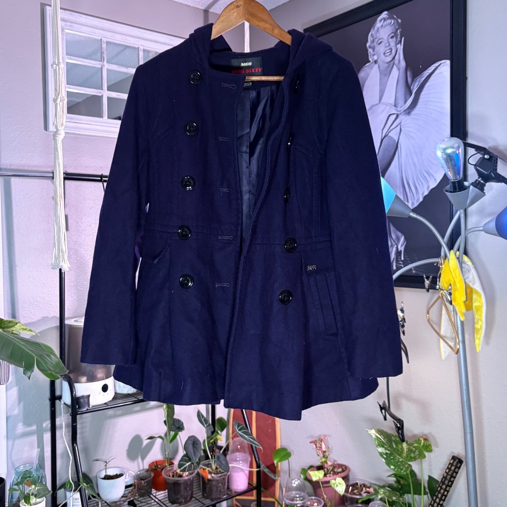 Miss Sixty Pea Coat Womens Medium Navy Blue Excellent Hooded Wool Blend Double B